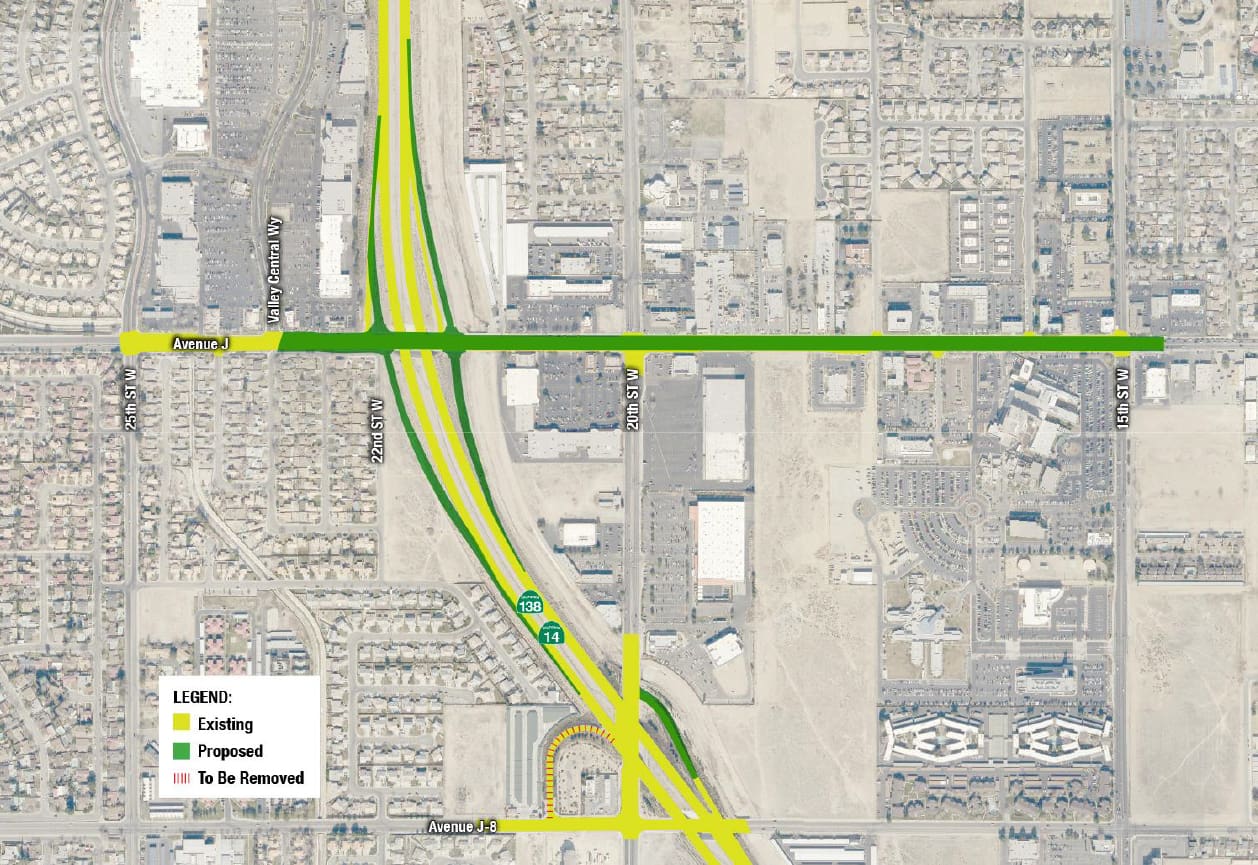 Map showing a proposed highway interchange at the intersection of Avenue E and Highway 20. Existing roads are highlighted in green, proposed additions in yellow, and sections to be removed in red.