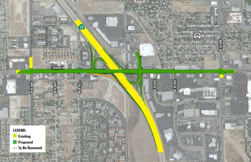 A map showing a proposed highway project, with new roads in yellow, existing roads in green, and a legend indicating sections to be removed. The area includes residential, commercial, and industrial zones.