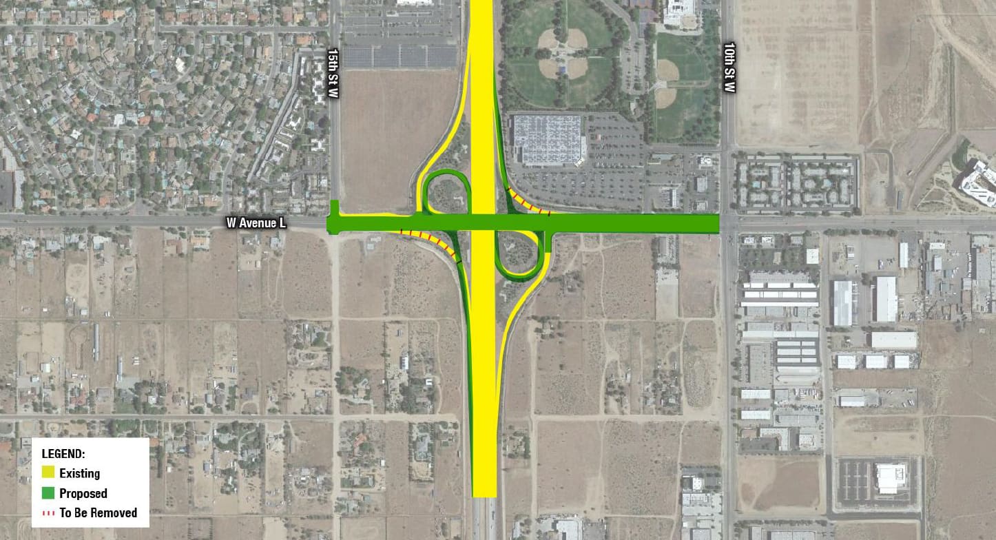 An aerial map showing existing, proposed, and to-be-removed roads at a highway intersection. Green marks existing roads, yellow indicates proposed roads, and red denotes roads to be removed.