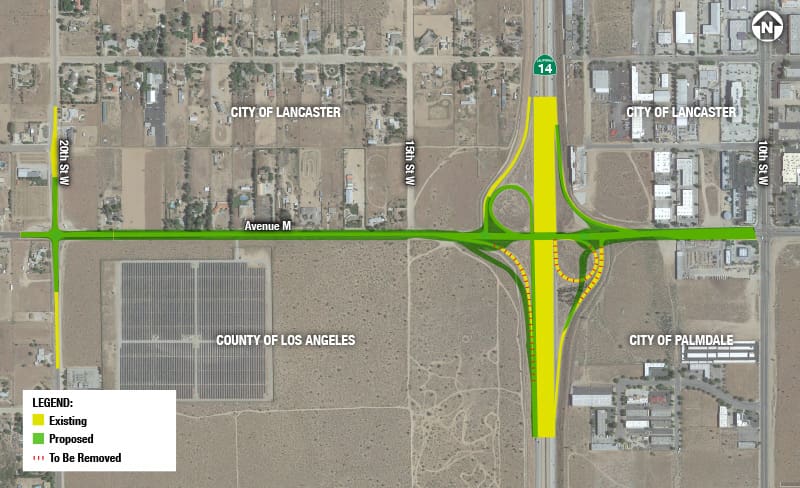 Aerial view of a highway interchange improvement plan showing existing roads in white, proposed roads in green, and sections to be removed in red. The areas impacted are within Lancaster and Palmdale.