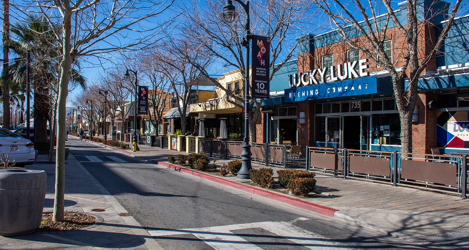 A quiet street with bare trees, lined with shops and a brewery named Lucky Luke Brewing Company. Street banners celebrate the brewery's 10 years of operation. The sky is clear and blue.