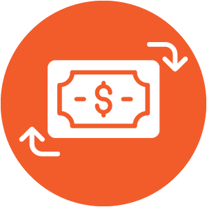 An orange circular icon featuring a white dollar bill and two curved arrows, indicating money exchange or transactions.