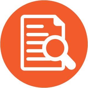 An orange circle with a white document icon and a magnifying glass overlaid on the document.