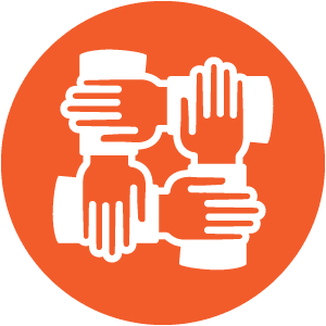 Four hands interlocking wrists, forming a square against an orange circular background. The hands are white and the design suggests teamwork and unity.