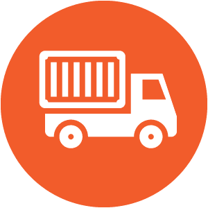 Icon of a white delivery truck with a cargo container on its back, set against an orange circular background.