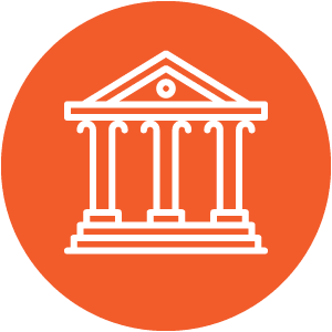 A white icon of a classical building with columns, representing a bank or institution, centered on an orange circular background.