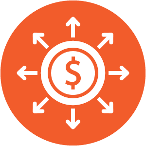 An orange circle with a white dollar sign in the center, surrounded by eight outward-pointing arrows.