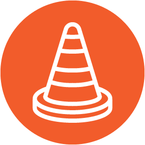 Icon of a traffic cone with white stripes on an orange circular background.