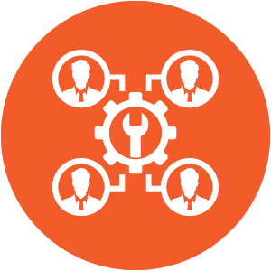 Orange circular icon featuring a central gear with a wrench inside, connected to four outlined person silhouettes, each enclosed in separate circles and linked to the gear by lines.