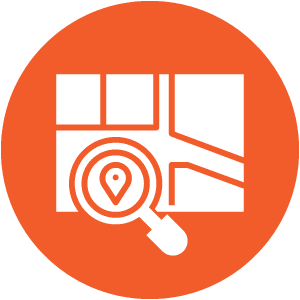 An orange circular icon featuring a stylized map with a magnifying glass highlighting a location marker.