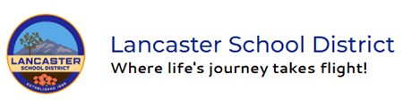 Lancaster School District logo, featuring a tree and mountain graphic with the motto "Where life's journey takes flight!.