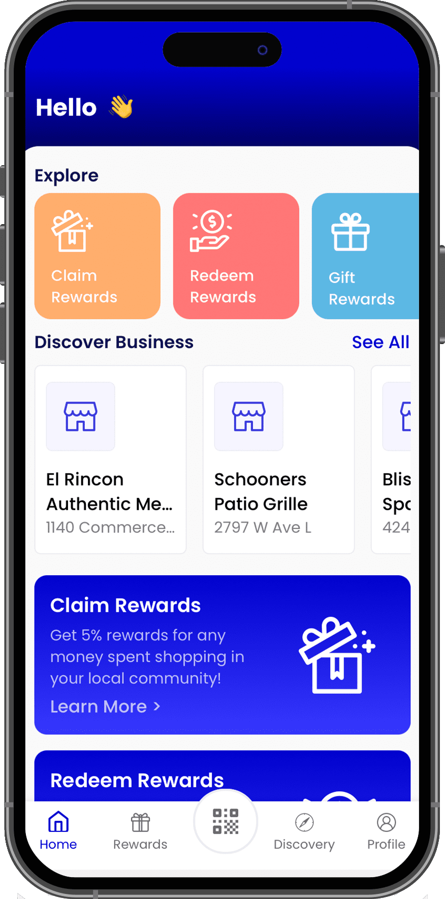 Smartphone screen displaying a rewards app interface with options to claim, redeem, and view gift rewards, along with a section to discover local businesses and an informational banner about rewards.