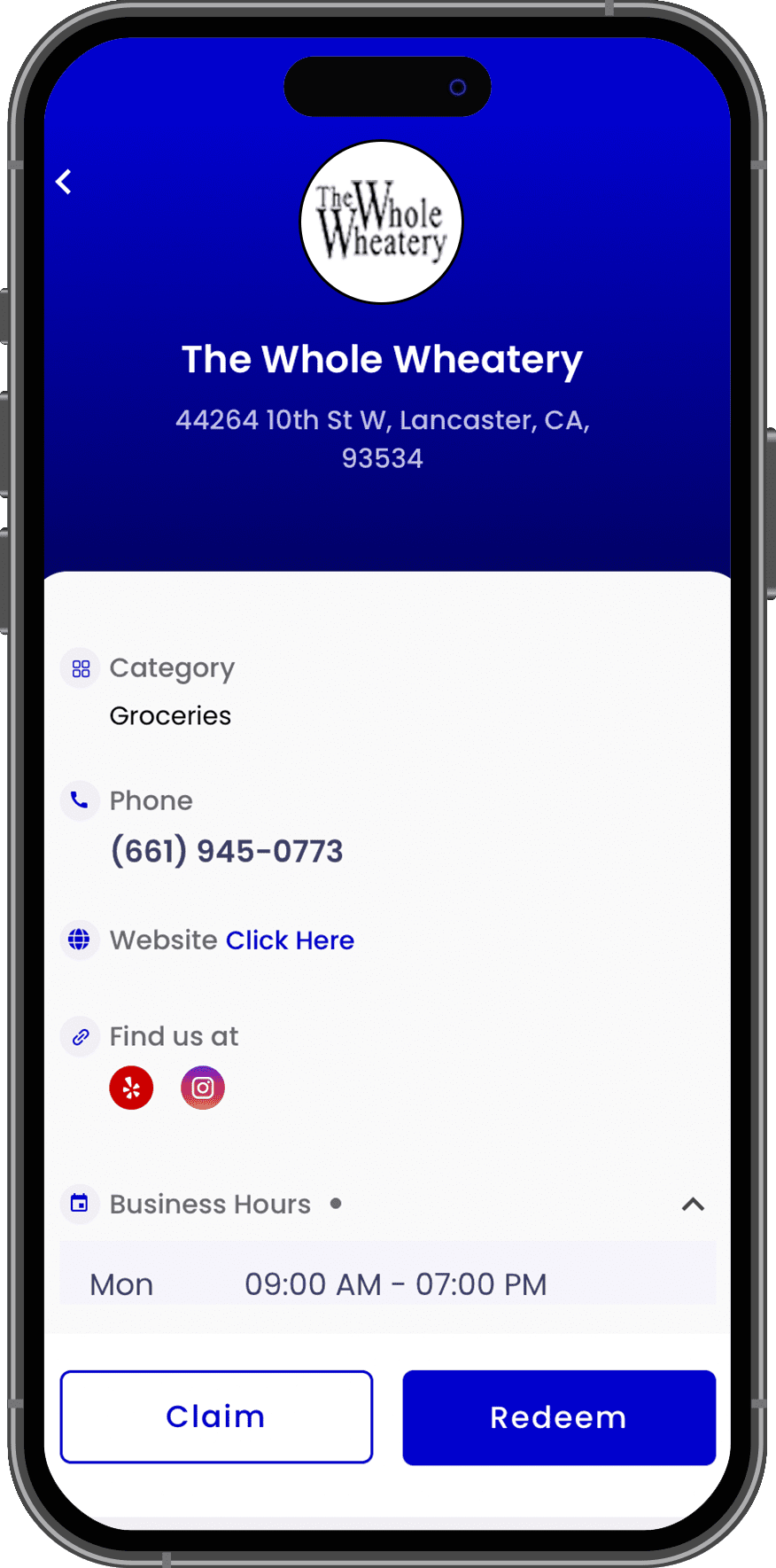 A smartphone screen displaying a business listing for "The Whole Wheatery" with address, contact details, website link, social media icons, business hours, and buttons for claiming or redeeming offers.