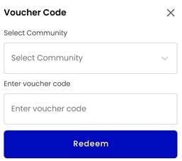 Screenshot of a user interface for redeeming a voucher code. Includes drop-down to select community, text field for entering code, and a blue 'Redeem' button.