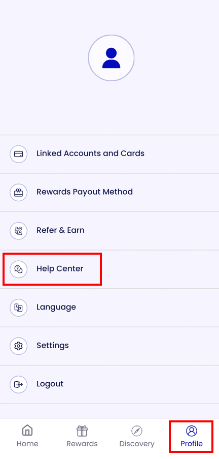 Screenshot of a mobile app's profile settings page showing options such as Linked Accounts and Cards, Rewards Payout Method, Refer & Earn, Help Center, Language, Settings, and Logout.