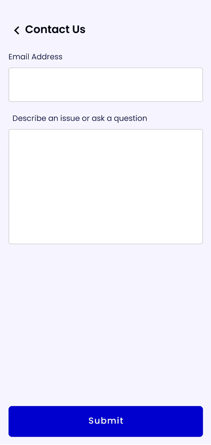 A contact form with fields for email address and description of an issue or question, and a blue "Submit" button at the bottom.