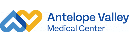 Logo of Antelope Valley Medical Center with blue and yellow heart shapes next to the text "Antelope Valley Medical Center.