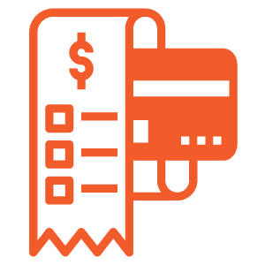 Orange icon depicting a receipt with a dollar sign and checkboxes on the left, and a credit card on the right.