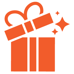 Orange gift box icon with a ribbon and bow, accompanied by three sparkling stars to the right.