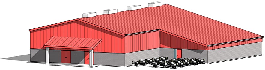 Illustration of a large red industrial building with a slanted roof, featuring a row of HVAC units lined up outside along one wall.