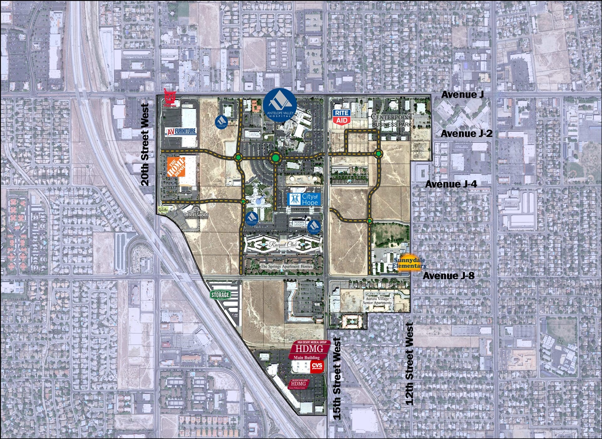 Aerial map of a commercial area with labeled buildings, roads, and avenues. Notable landmarks include retail stores, a medical center, and major roads such as 20th Street West and Avenue J.