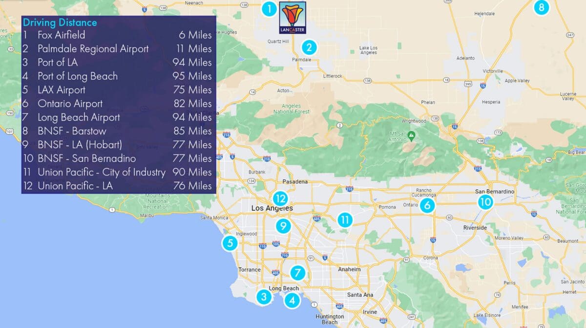 Map of Los Angeles and surrounding areas showing various locations and their driving distances from Lancaster, CA, with points numbered and listed in a blue box on the left.