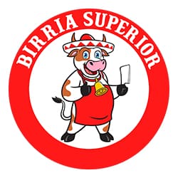 Cartoon cow wearing a sombrero and apron, holding a butcher knife inside a red circle with the text 