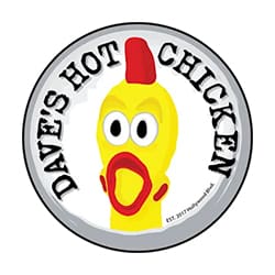 Logo of Dave's Hot Chicken featuring a cartoon chicken with wide eyes and an open beak inside a circular border. Text reads 