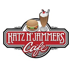 Katz N' Jammers Cafe logo featuring a burger on a plate and a milkshake with a cherry on top, set against a red and black background.