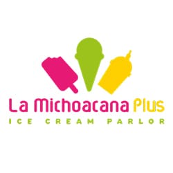 Logo of La Michoacana Plus Ice Cream Parlor with pink, green, and yellow stylized ice cream shapes and text.