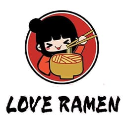 A cartoon character happily eating noodles with chopsticks inside a red circle. Below, stylized text reads 