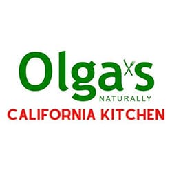 Logo of Olga's Naturally California Kitchen, featuring the restaurant name in green and red text on a white background.