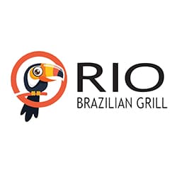 Logo for Rio Brazilian Grill with a toucan illustration inside an orange circle next to the text 