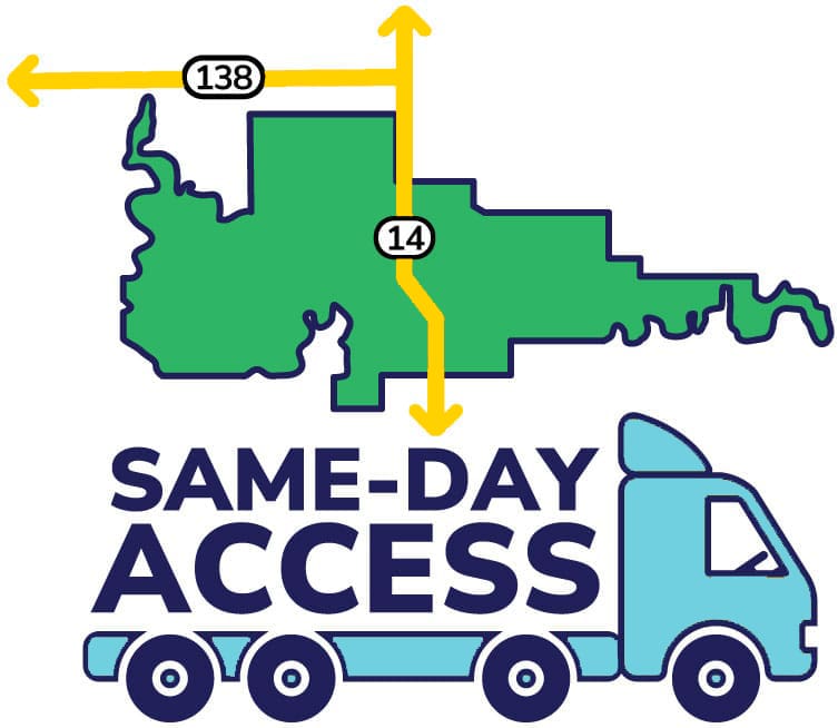 Illustration of a map with yellow arrows and "Same-Day Access" text below, accompanied by an icon of a delivery truck. The numbers 14 and 138 are displayed on the map.