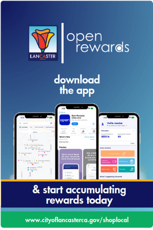 Advertisement for the Lancaster Open Rewards app, showing three smartphone screens with app interface and text: "Download the app & start accumulating rewards today.