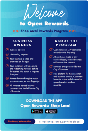 Informational flyer promoting a local rewards program. Includes details for business owners and shoppers, with app download instructions and a website link for more information.