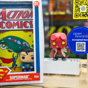 action figure in a fun co pop box next to a fun co next to the open rewards sticker