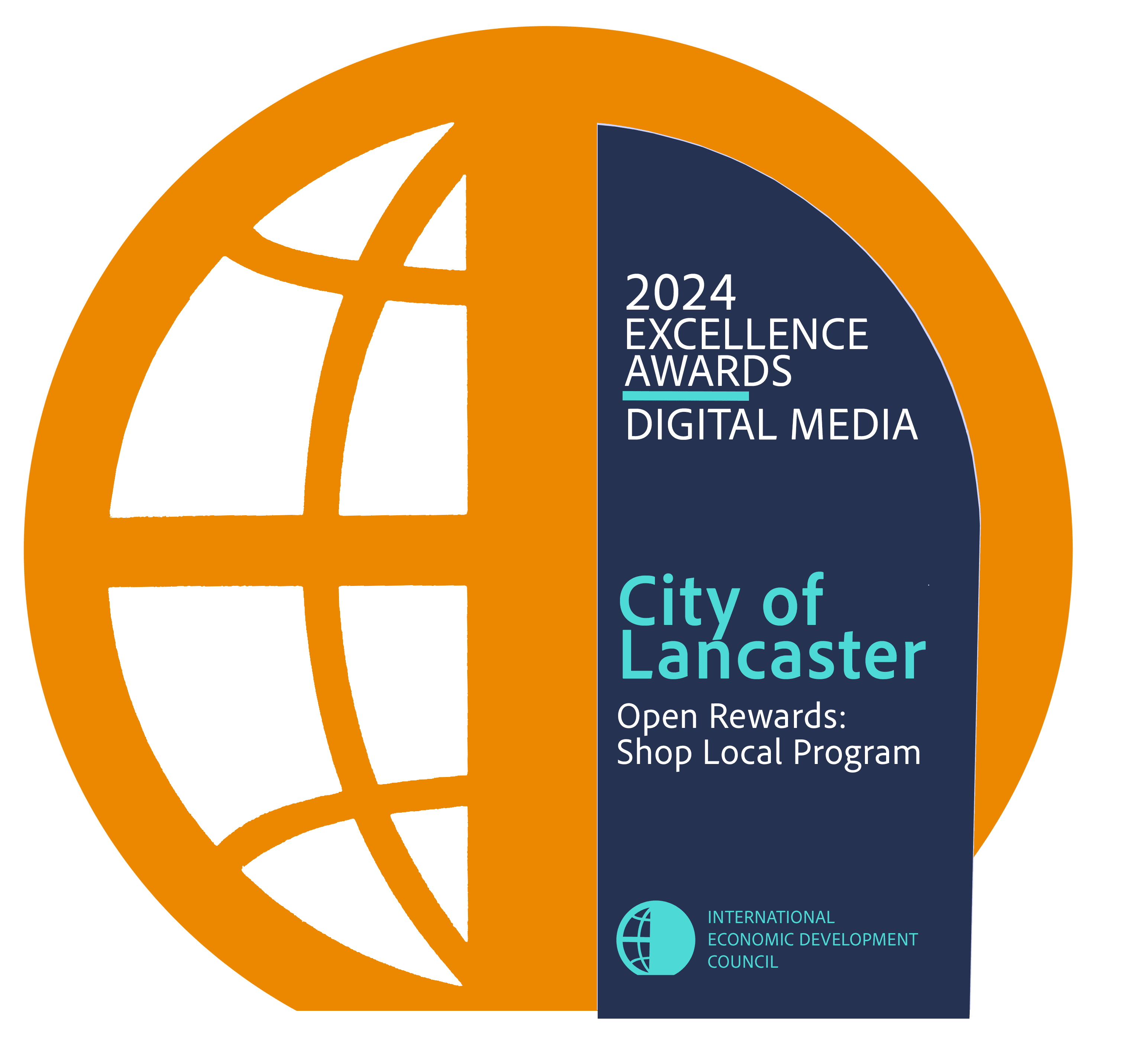 Award plaque for the City of Lancaster's "Open Rewards: Shop Local Program," recognized for digital media excellence by the International Economic Development Council in 2024.