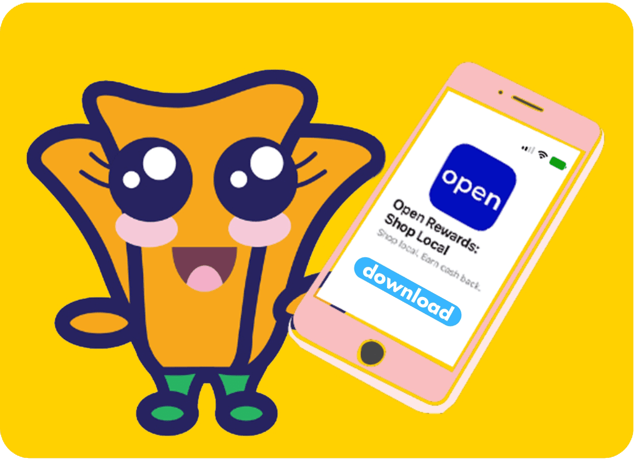 Cartoon character with large eyes stands next to a smartphone displaying a shopping rewards app advertisement on a yellow background.