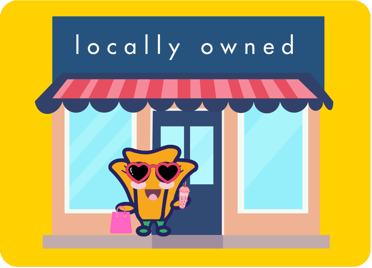 Illustration of a starfish with heart-shaped sunglasses, holding a pink bag and drink, standing in front of a storefront with "locally owned" on the awning.