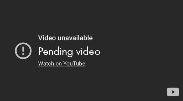 YouTube screen indicating "Video unavailable" due to "Pending video" status, with a prompt to watch on YouTube.