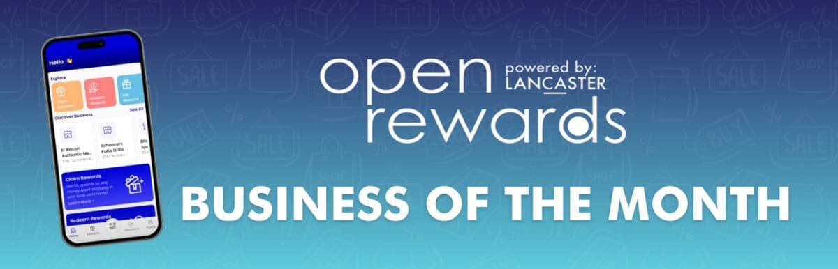 A smartphone showcases an app screen against a Business of the Month banner, proudly featuring Open Rewards powered by Lancaster and Horizon Comics as the star for December 2024.