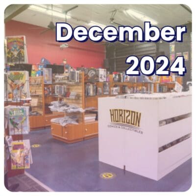 Inside the vibrant comic book store, shelves brim with diverse comics and memorabilia. A prominent sign proudly declares Horizon Comics & Collectibles, celebrating its honor as Business of the Month. Text overlay announces December 2024.