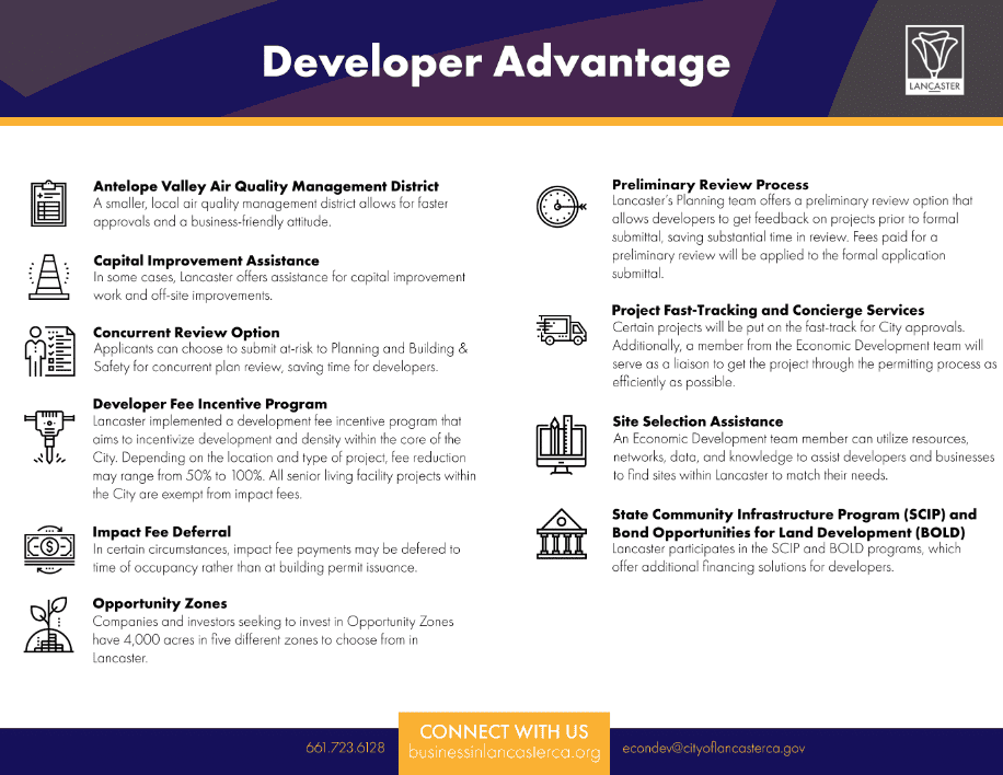 Infographic titled Developer Advantage outlining various business incentives and resources for developers, including fee deferments, zoning options, and process streamlining, provided by Lancaster City.