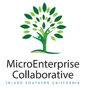 Logo for MicroEnterprise Collaborative Inland Southern California featuring a stylized green tree with leaves, symbolizing business incentives, resources and support, above the organization’s name in black and blue text.
