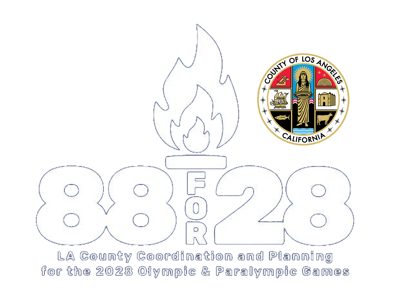 Logo with 88 for 28 text, a flame icon, and LA County seal; tagline reads “LA County Coordination and Planning for the 2028 Olympic & Paralympic Games.”.
