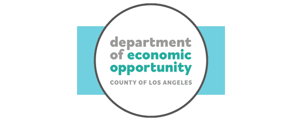 Logo for the County of Los Angeles Department of Economic Opportunity, featuring text in gray and teal within a circular design on a light blue background.