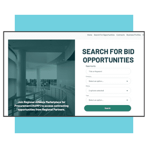 A website page with a search form titled Search for Bid Opportunities and a section inviting users to join the Regional Alliance Marketplace for Procurement (RAMP).