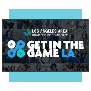 A promotional graphic for the Los Angeles Area Chamber of Commerce event reads Get in the Game LA over a collage of people networking.