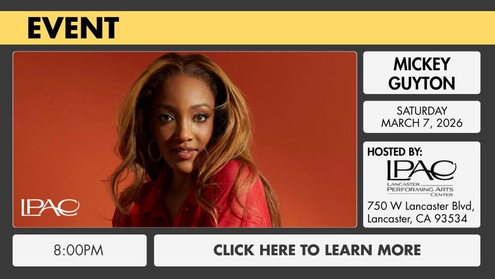 Promotional graphic for Mickey Guyton featuring the singer in a red outfit posed against a warm background, with event details for Saturday March 7 2026 at 8 00 PM